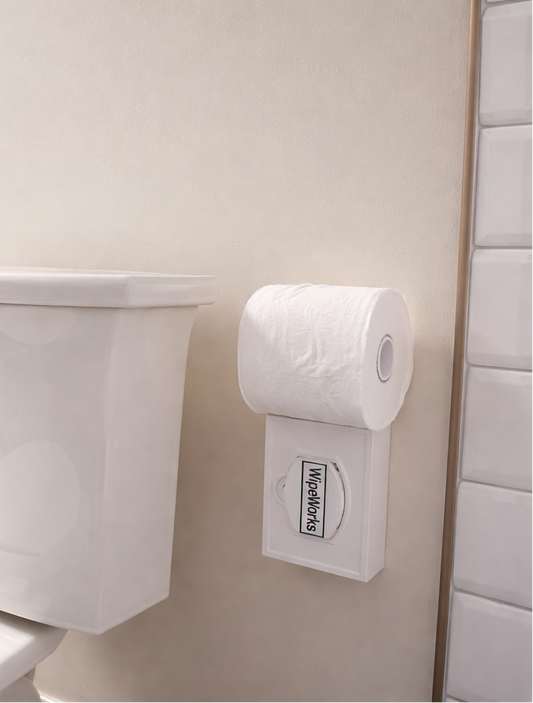 Kirkland flushable wipes holder and a Roll of toilet paper on a holder attached to a bathroom wall.