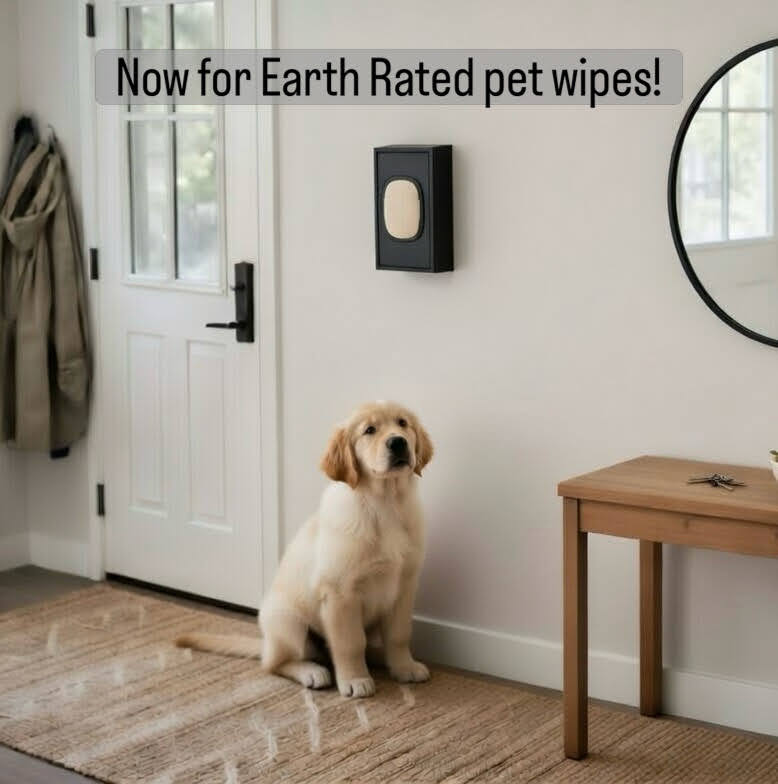 Earth Rated pet wipe dispenser announcement with a cute puppy in the picture.