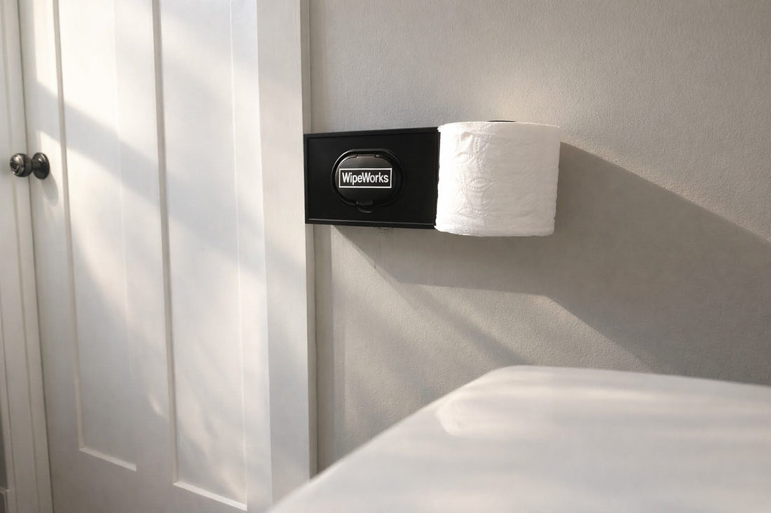 Lifestyle image of wipe dispenser and toilet paper holder mounted to a wall on the bathroom
