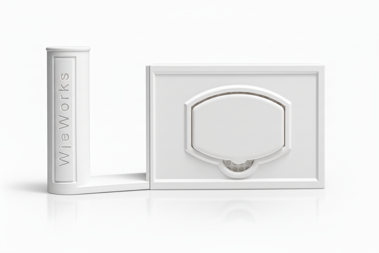 Studio image of a WipeWorks wipe dispenser and toilet paper holder. Color white, with left side toilet paper holder. Kirkland Compatible model.