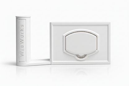 Studio image of a WipeWorks wipe dispenser and toilet paper holder. Color white, with left side toilet paper holder. Kirkland Compatible model.