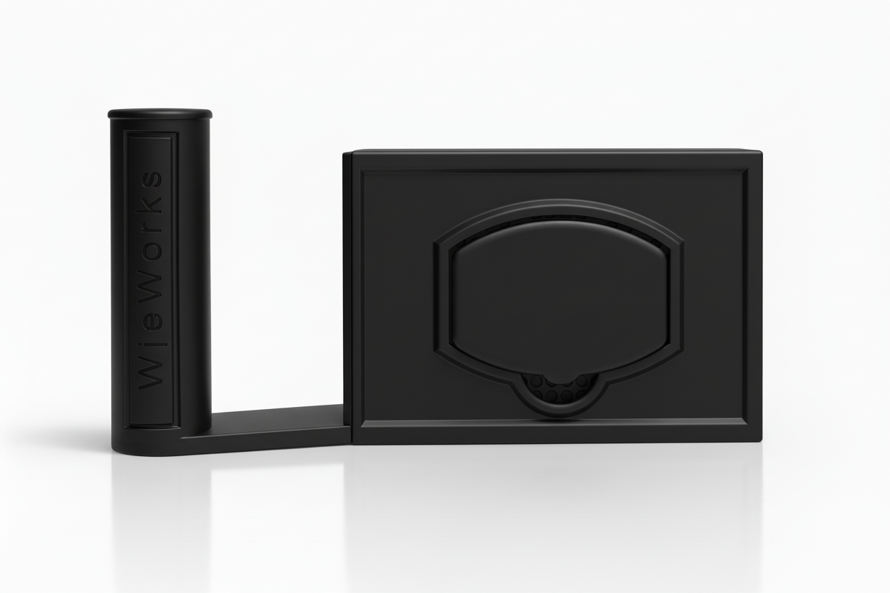 Studio image of a WipeWorks wipe dispenser and toilet paper holder. Color black, with left side toilet paper holder. Kirkland Compatible model.