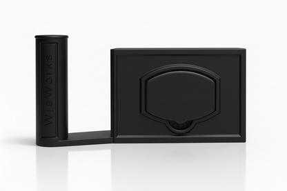 Studio image of a WipeWorks wipe dispenser and toilet paper holder. Color black, with left side toilet paper holder. Kirkland Compatible model.