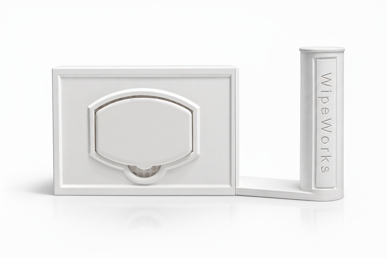 Studio image of a WipeWorks wipe dispenser and toilet paper holder. Color white, with right side toilet paper holder. Kirkland Compatible model.
