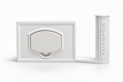 Studio image of a WipeWorks wipe dispenser and toilet paper holder. Color white, with right side toilet paper holder. Kirkland Compatible model.