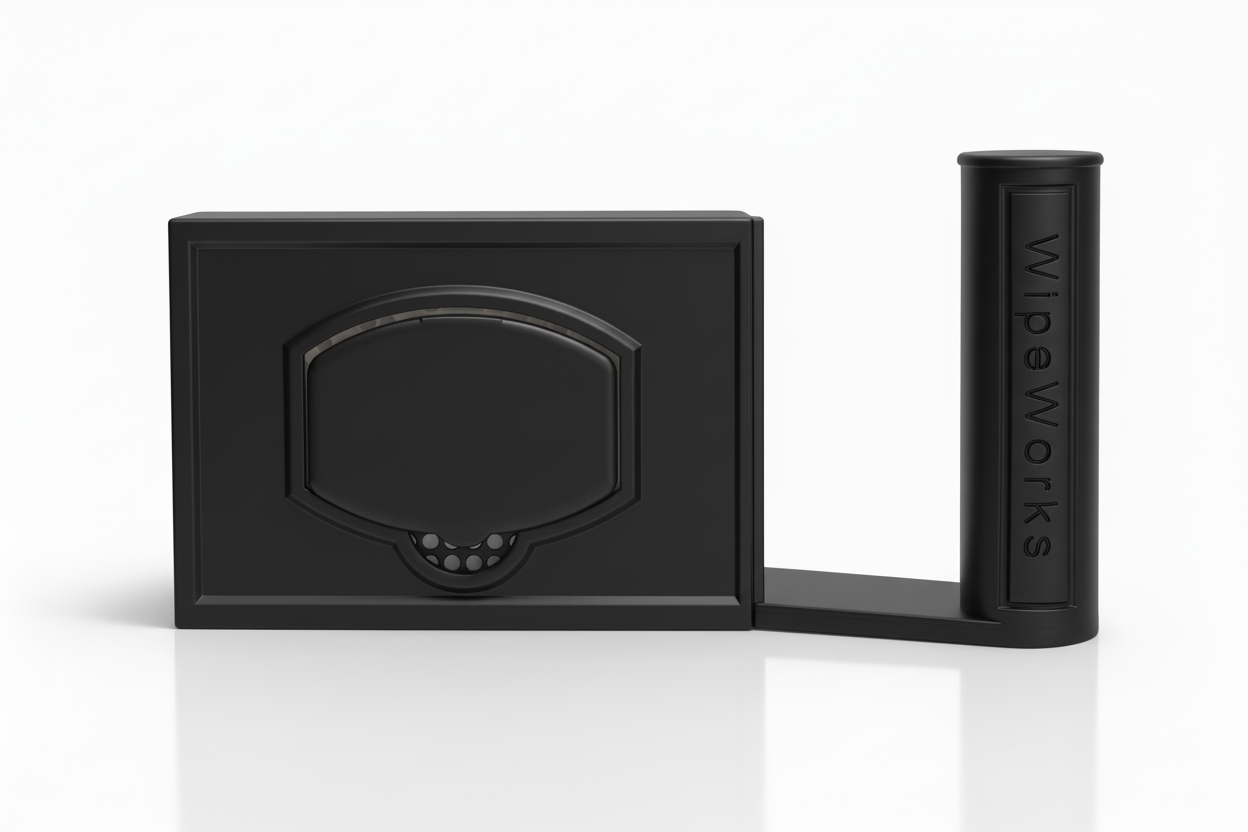 Studio image of a WipeWorks wipe dispenser and toilet paper holder. Color black, with right side toilet paper holder. Kirkland Compatible model.