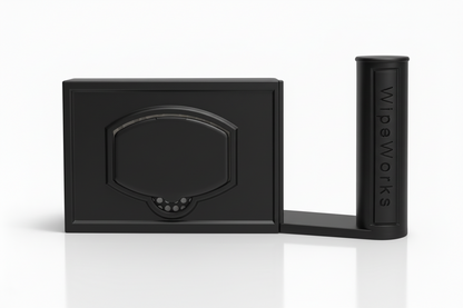 Studio image of a WipeWorks wipe dispenser and toilet paper holder. Color black, with right side toilet paper holder. Kirkland Compatible model.