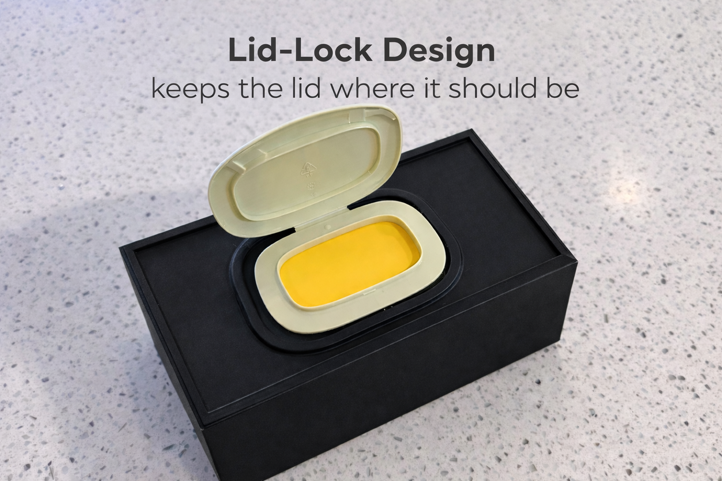Wipeworks wipe dispenser for Earth Rated pet wipes. Demonstrating lid-lock design.