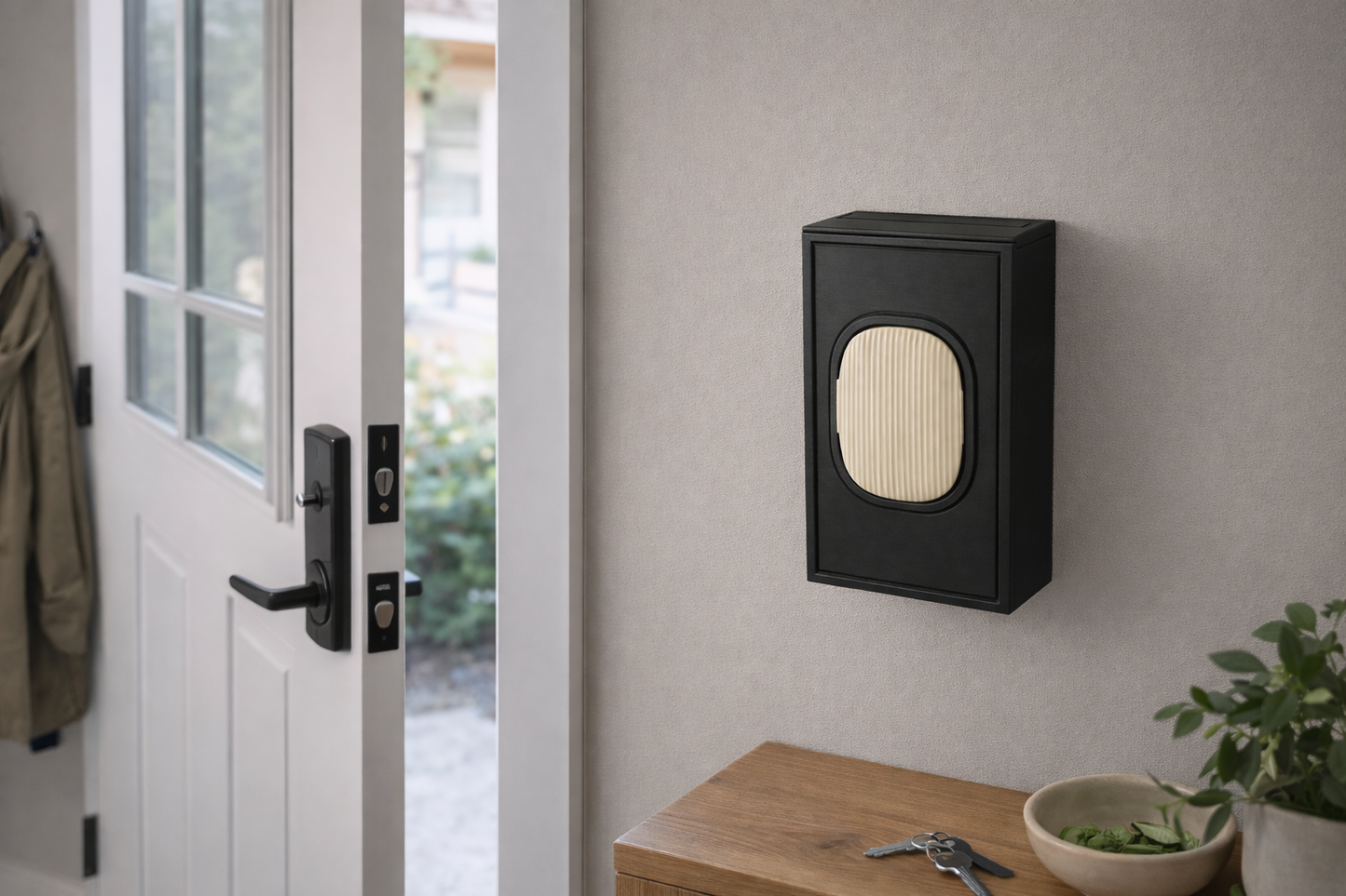 Lifestyle image of WipeWorks dispenser for Earth Rated wipes. Dispenser mounted on wall near entry way.