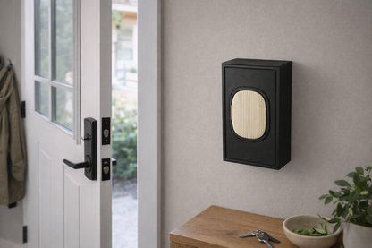 Lifestyle image of WipeWorks dispenser for Earth Rated wipes. Dispenser mounted on wall near entry way.