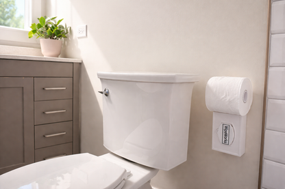 Lifestyle picture of a WipeWorks toilet paper holder and wipe dispenser mounted on a wall in a bathroom. Kirkland model.