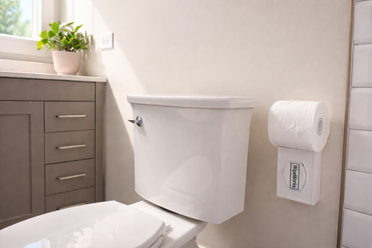 Lifestyle picture of a WipeWorks toilet paper holder and wipe dispenser mounted on a wall in a bathroom. Kirkland model.