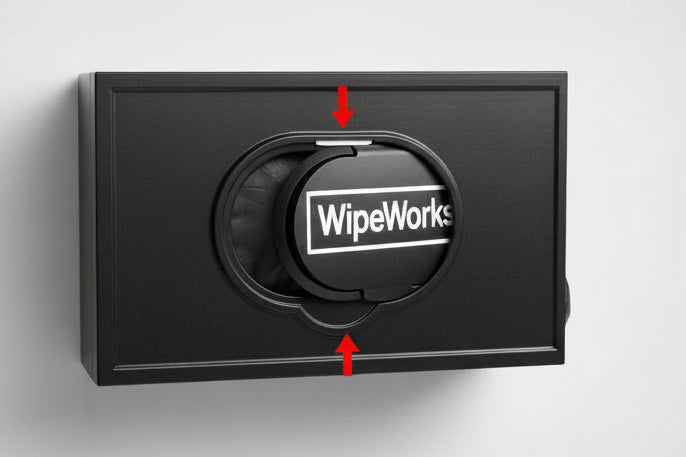 Black wet wipes dispenser demonstrating  Lid-Lock operation.