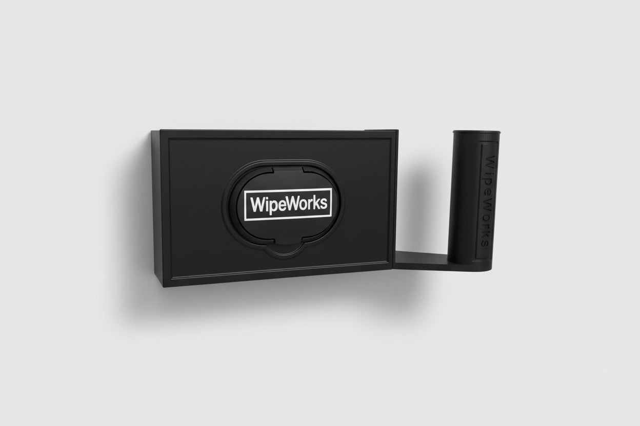 Black wall-mounted WipeWorks bathroom dispenser for flushable wipes and toilet paper