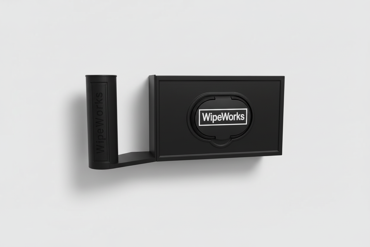 Left hand version of Black wall-mounted WipeWorks bathroom dispenser for flushable wipes and toilet paper