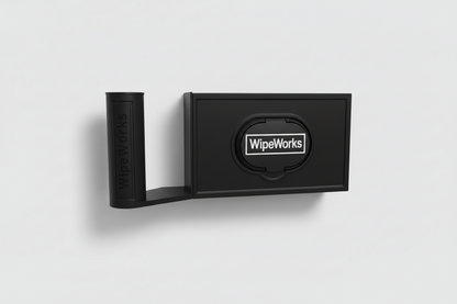 Left hand version of Black wall-mounted WipeWorks bathroom dispenser for flushable wipes and toilet paper
