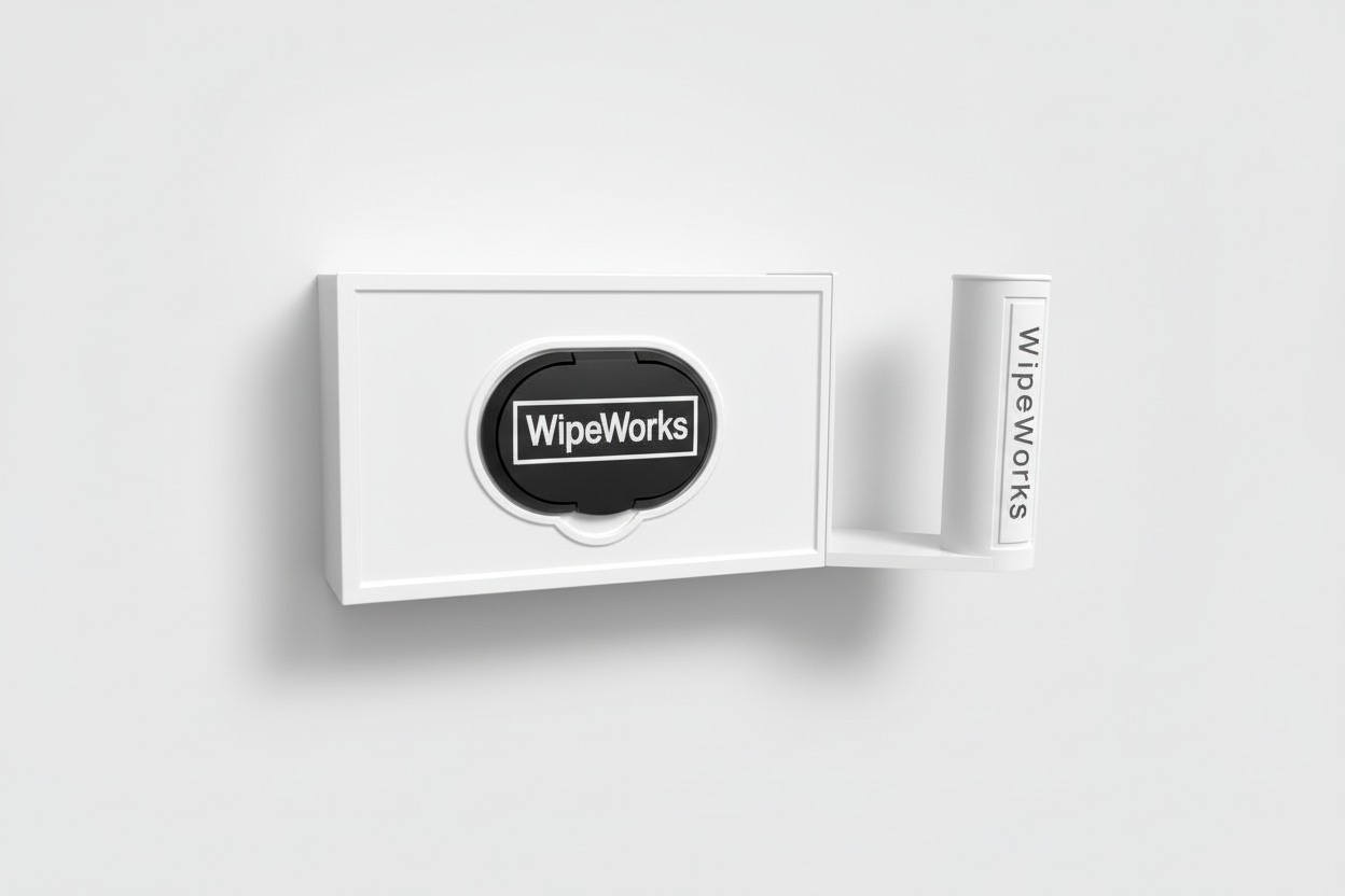 White wall-mounted WipeWorks bathroom dispenser for flushable wipes and toilet paper. Right side model shown.