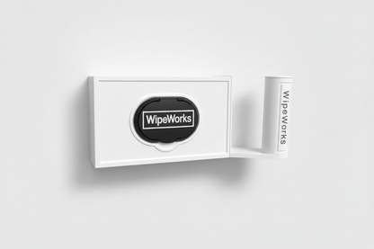 White wall-mounted WipeWorks bathroom dispenser for flushable wipes and toilet paper. Right side model shown.