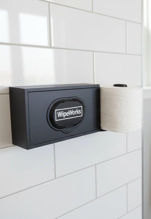 Black WipeWorks wipes dispenser mounted on a white tiled bathroom wall.