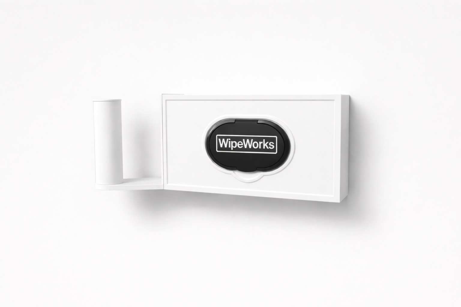 White wall-mounted WipeWorks bathroom dispenser for flushable wipes and toilet paper. Left side model shown.