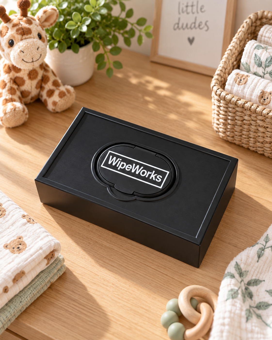 Black WipeWorks baby wipe dispenser lying face up on a wooden nursery tabletop.