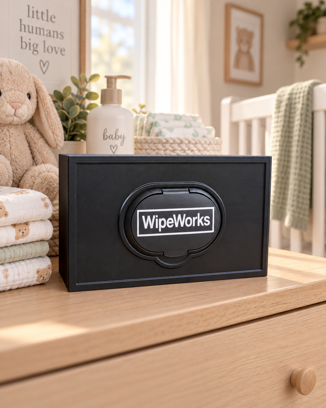 Black WipeWorks baby wipe holder displayed on a nursery dresser beside folded blankets.