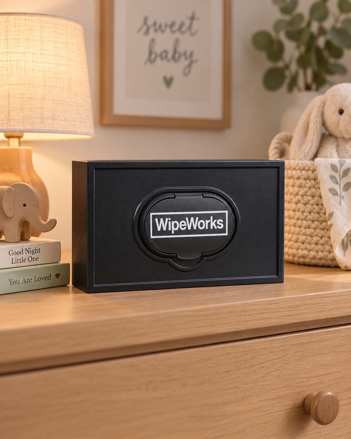 Black WipeWorks wipe dispenser displayed beside a lamp and nursery decorations.