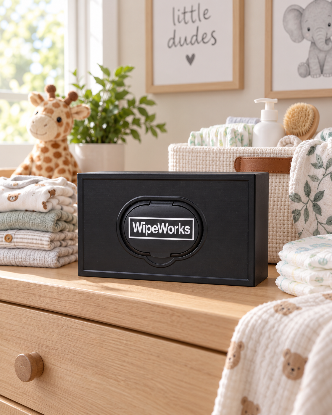 WipeWorks baby wipe dispenser on a wooden dresser beside diapers and nursery supplies.