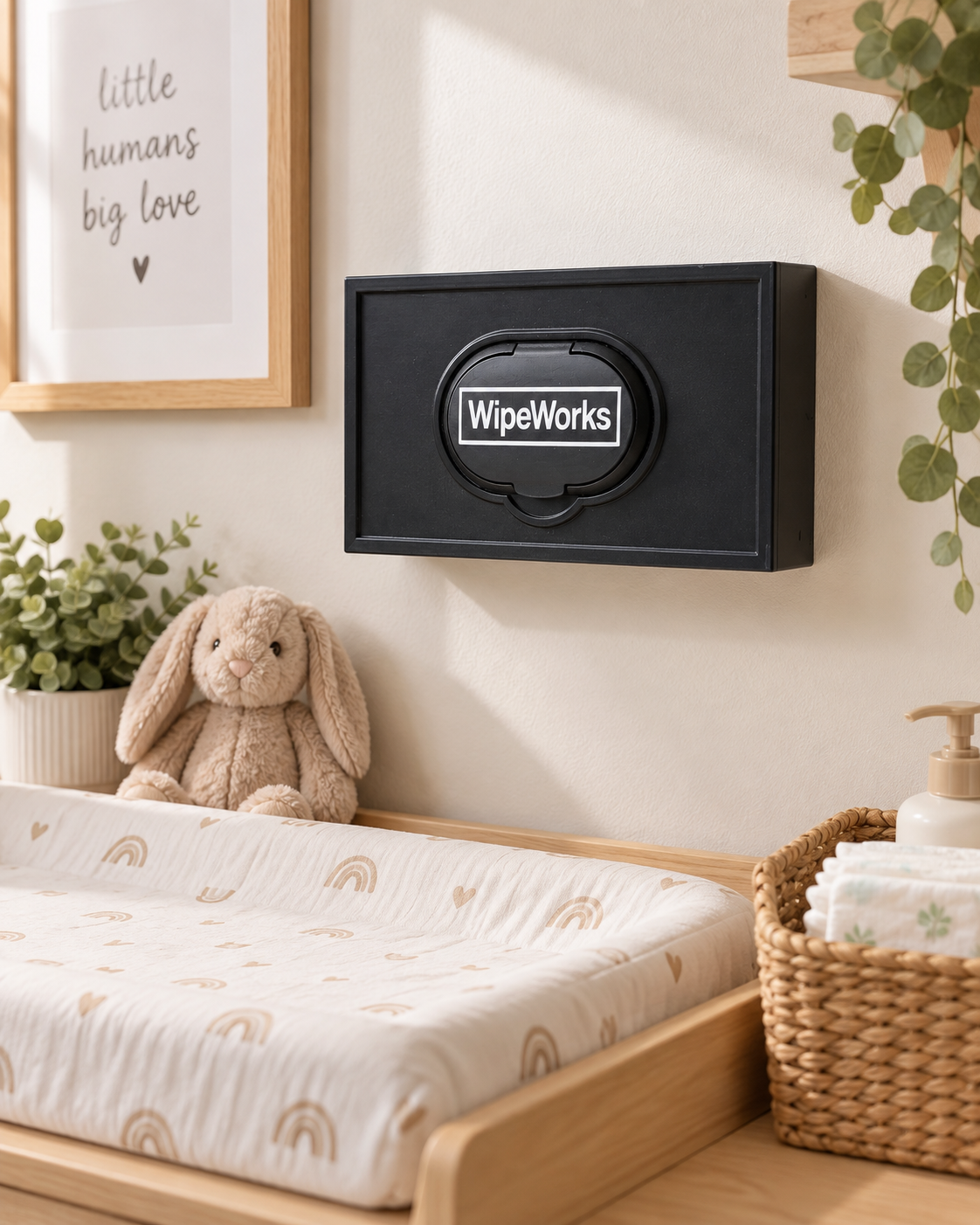 Black WipeWorks wipe dispenser mounted on a wall beside a nursery changing station.