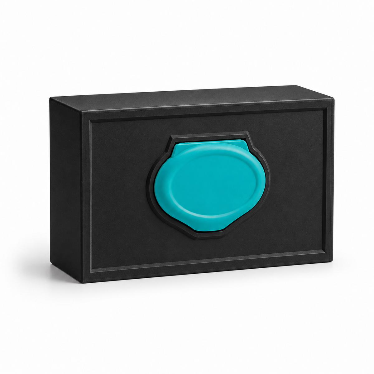 Black WipeWorks Pampers and Pet Life compatible wipe holder with a teal pack lid on a neutral studio background.